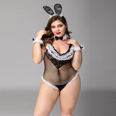 ชุดนอนขนาดใหญ่ Plus ชุดชั้นใน Babydoll ลูกไม้สีดำตาข่าย Bunny Girl Cute Sex