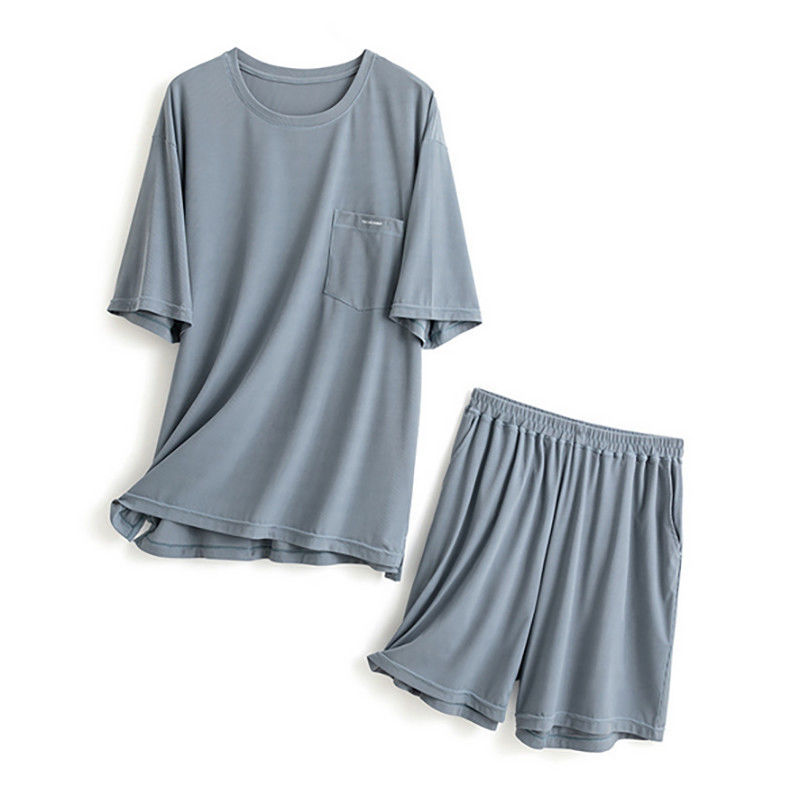 Silk XXL Mens Sleepwear ถัก 114cm Chest Blue Night Suit Loungewear Summer