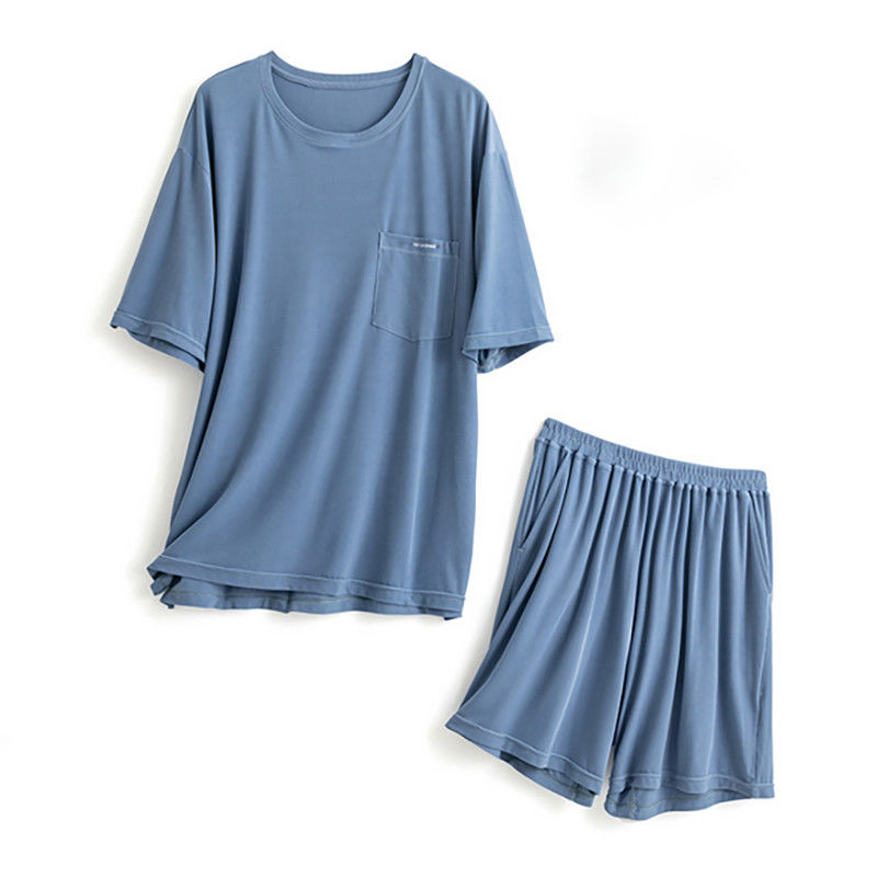 Silk XXL Mens Sleepwear ถัก 114cm Chest Blue Night Suit Loungewear Summer